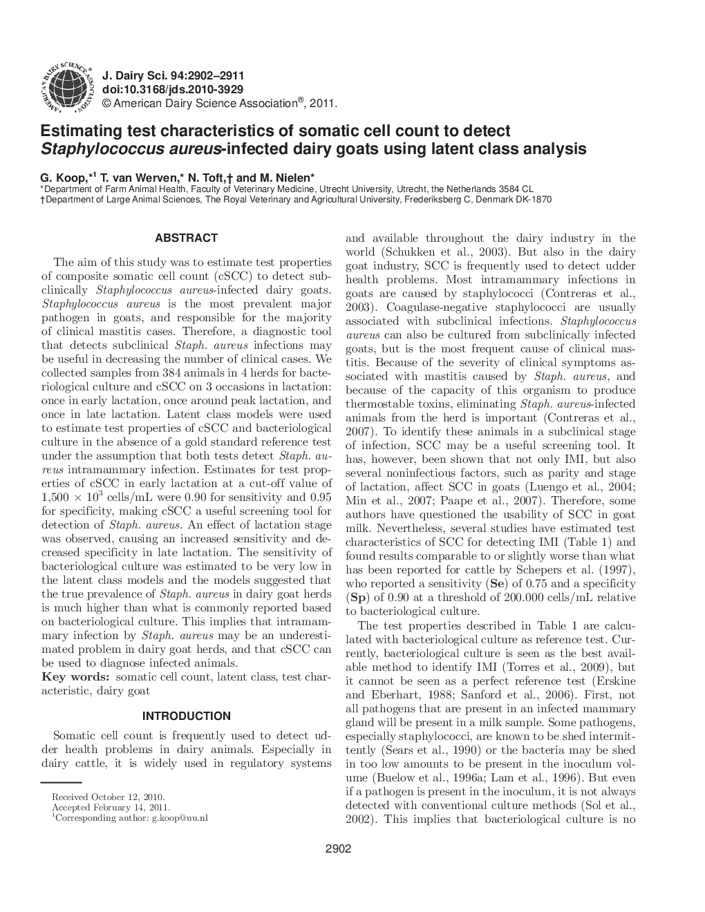 Estimating test characteristics of somatic cell count to detect Staphylococcus aureus-infected dairy goats using latent class analysis