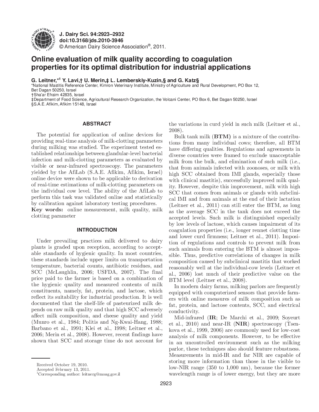 Online evaluation of milk quality according to coagulation properties for its optimal distribution for industrial applications