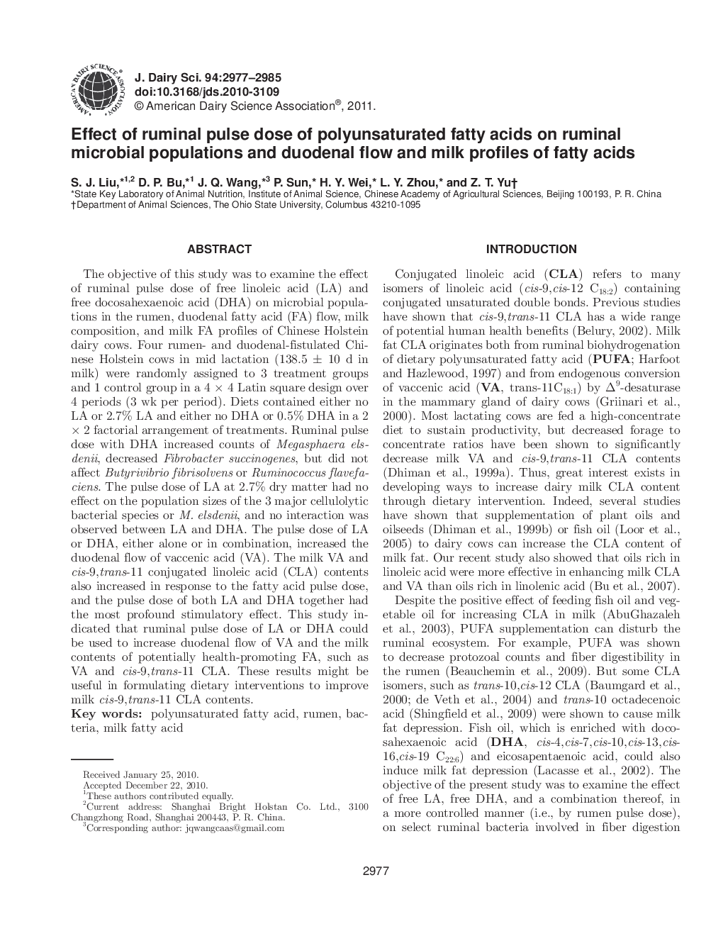 Effect of ruminal pulse dose of polyunsaturated fatty acids on ruminal microbial populations and duodenal flow and milk profiles of fatty acids