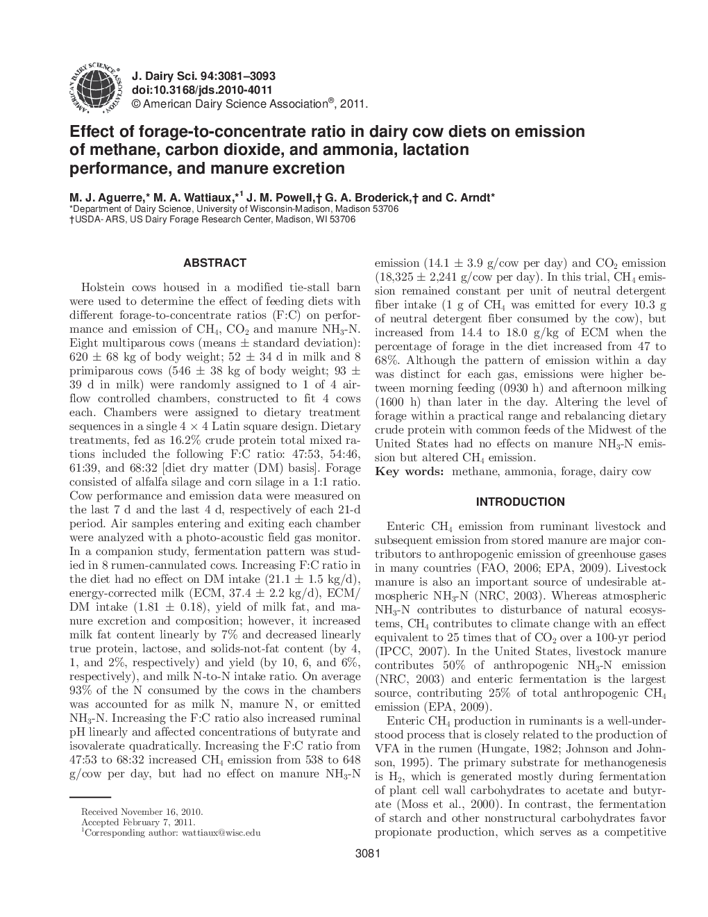 Effect of forage-to-concentrate ratio in dairy cow diets on emission of methane, carbon dioxide, and ammonia, lactation performance, and manure excretion