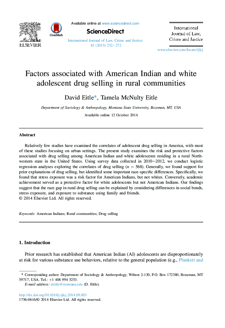 عوامل مرتبط با فروش مواد مخدر نوجوانان هندی و سفیدپوست آمریکایی در جوامع روستایی