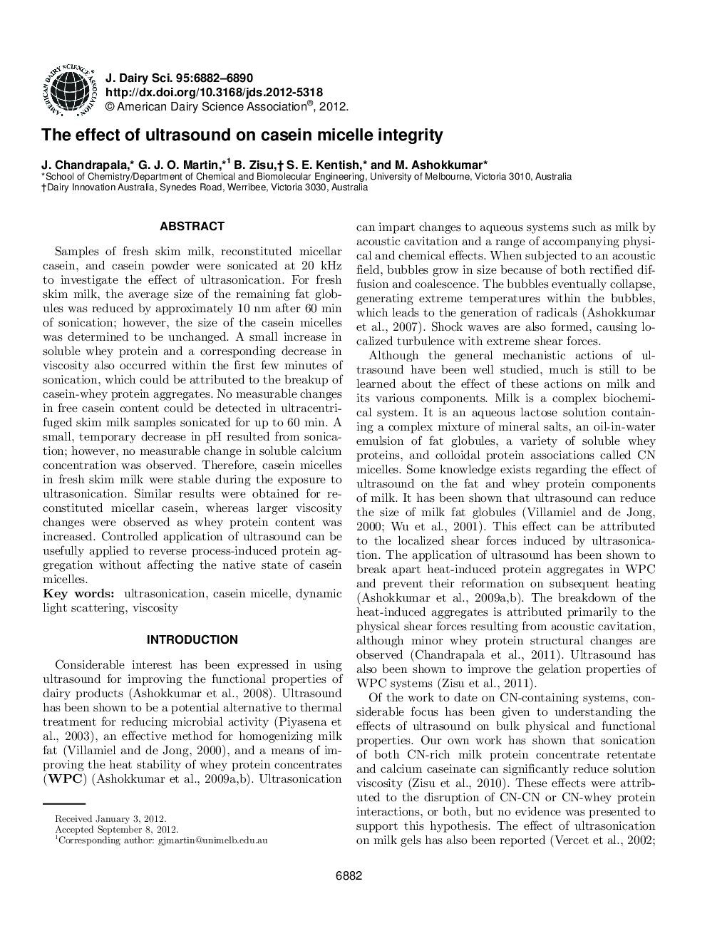 The effect of ultrasound on casein micelle integrity