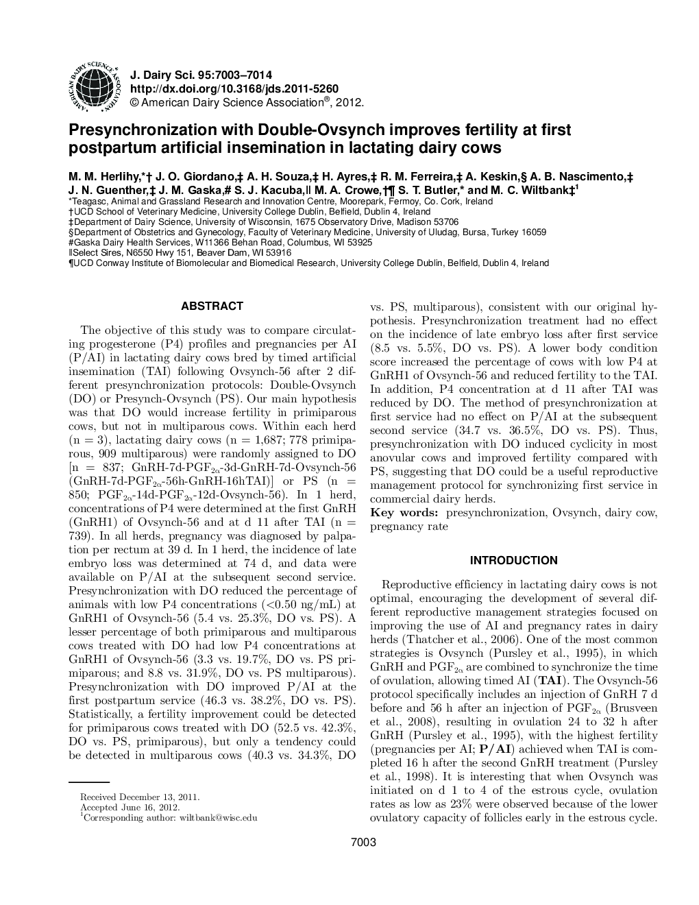 Presynchronization with Double-Ovsynch improves fertility at first postpartum artificial insemination in lactating dairy cows