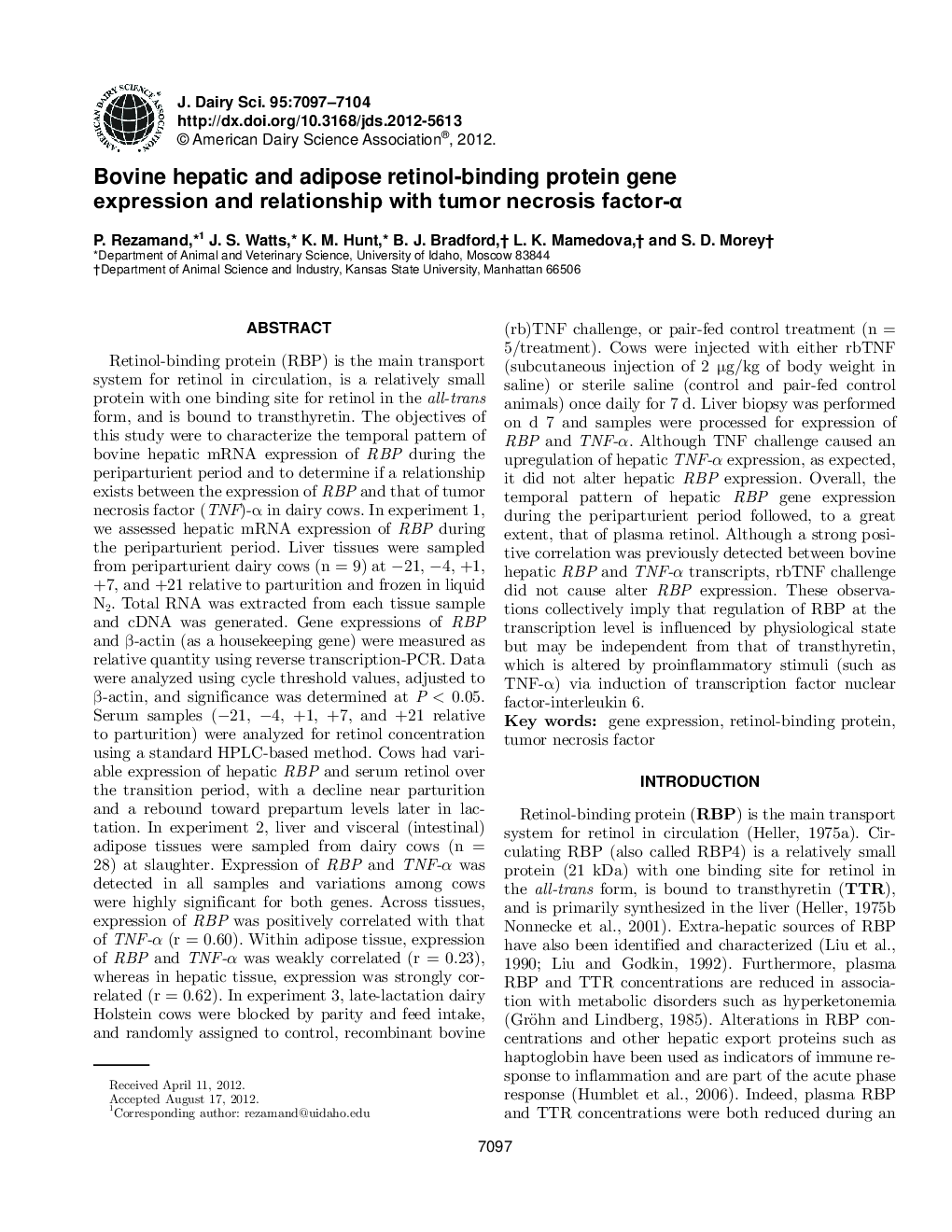 Bovine hepatic and adipose retinol-binding protein gene expression and relationship with tumor necrosis factor-Î±