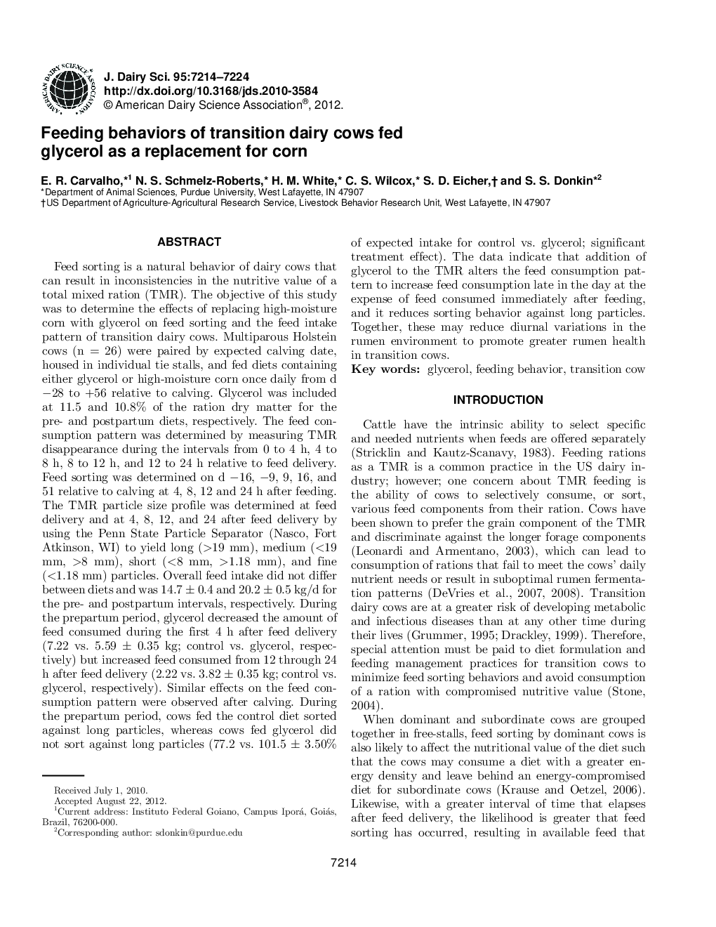 Feeding behaviors of transition dairy cows fed glycerol as a replacement for corn