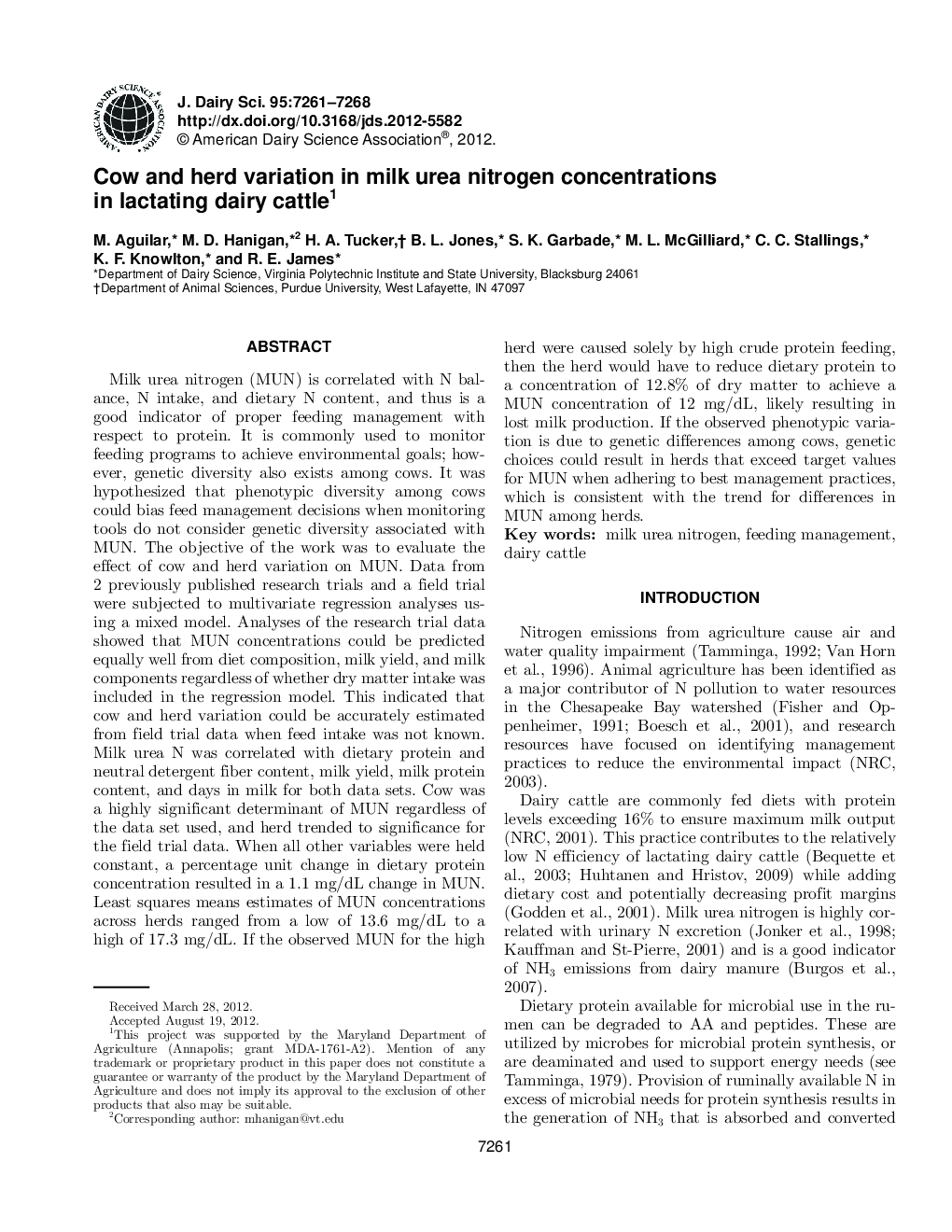 Cow and herd variation in milk urea nitrogen concentrations in lactating dairy cattle1