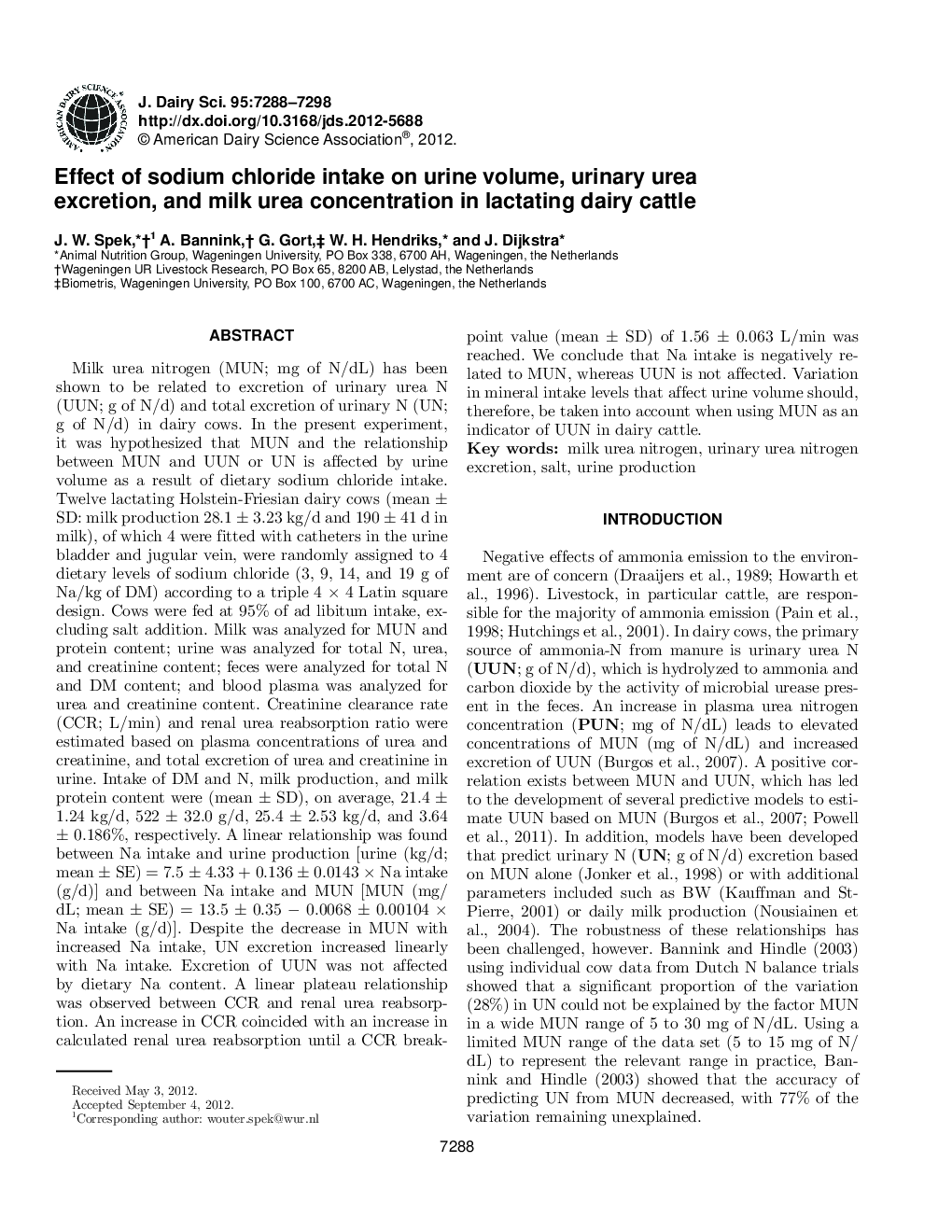 Effect of sodium chloride intake on urine volume, urinary urea excretion, and milk urea concentration in lactating dairy cattle