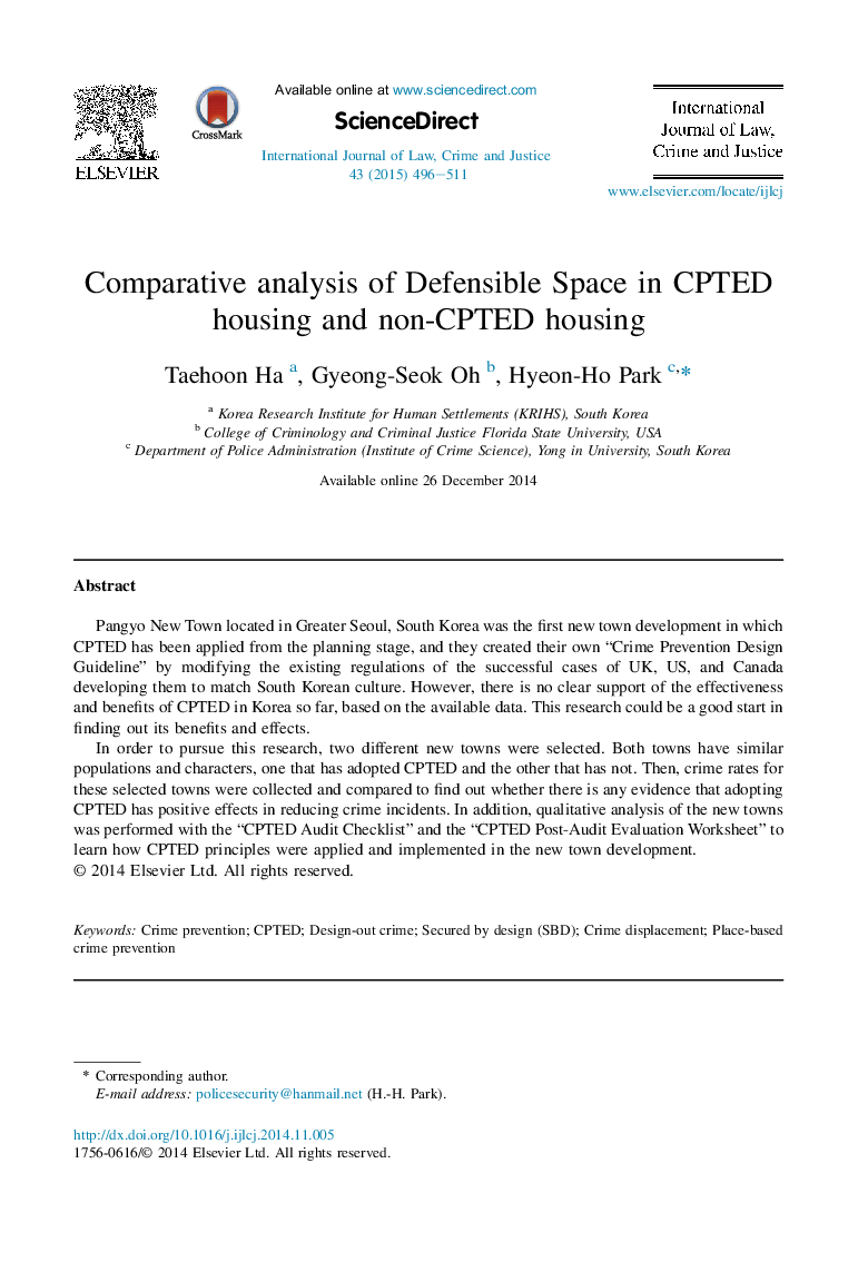 Comparative analysis of Defensible Space in CPTED housing and non-CPTED housing