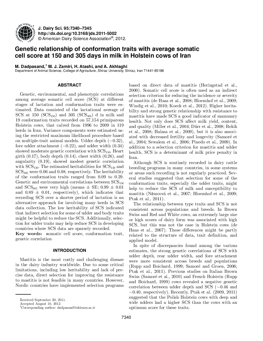 Genetic relationship of conformation traits with average somatic cell score at 150 and 305 days in milk in Holstein cows of Iran