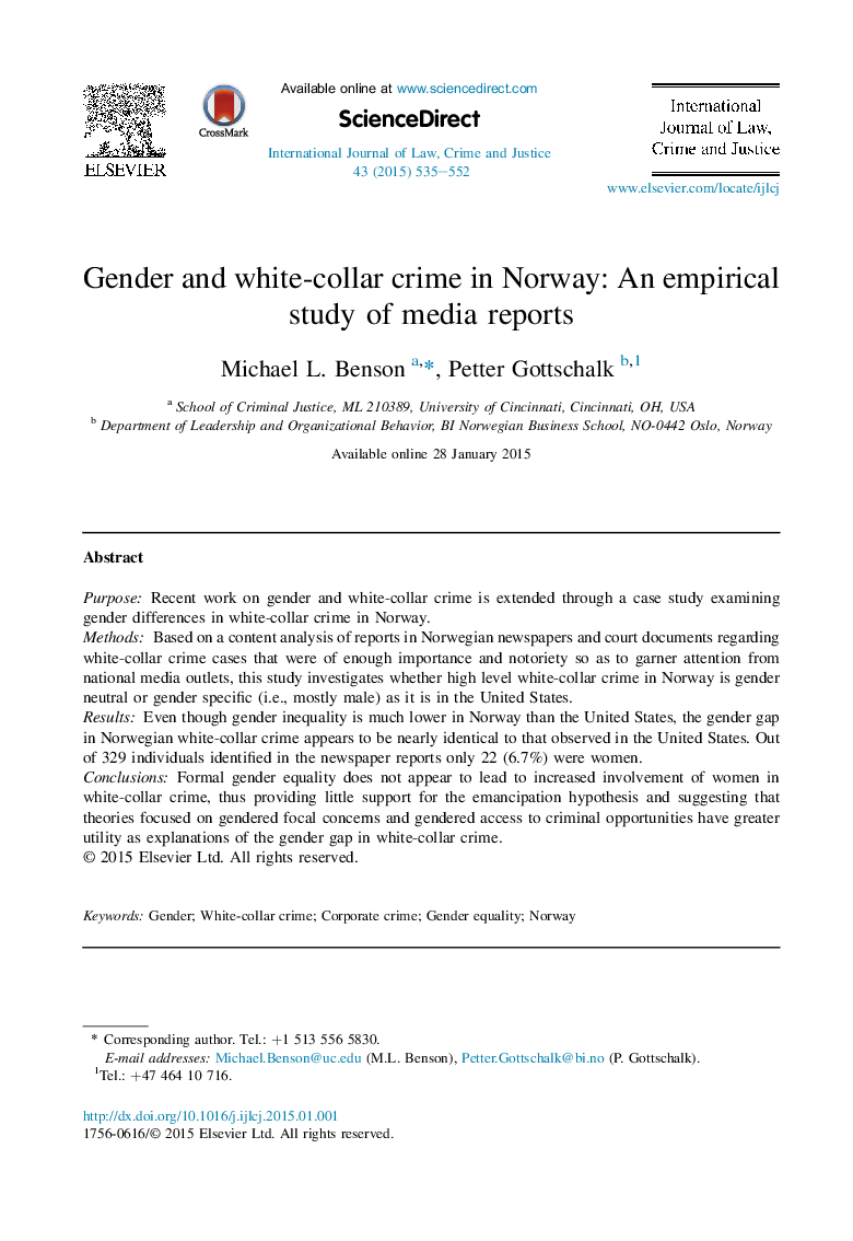 جنسیت و جرم و جنایت یقه سفید در نروژ: مطالعه تجربی از گزارش های رسانه