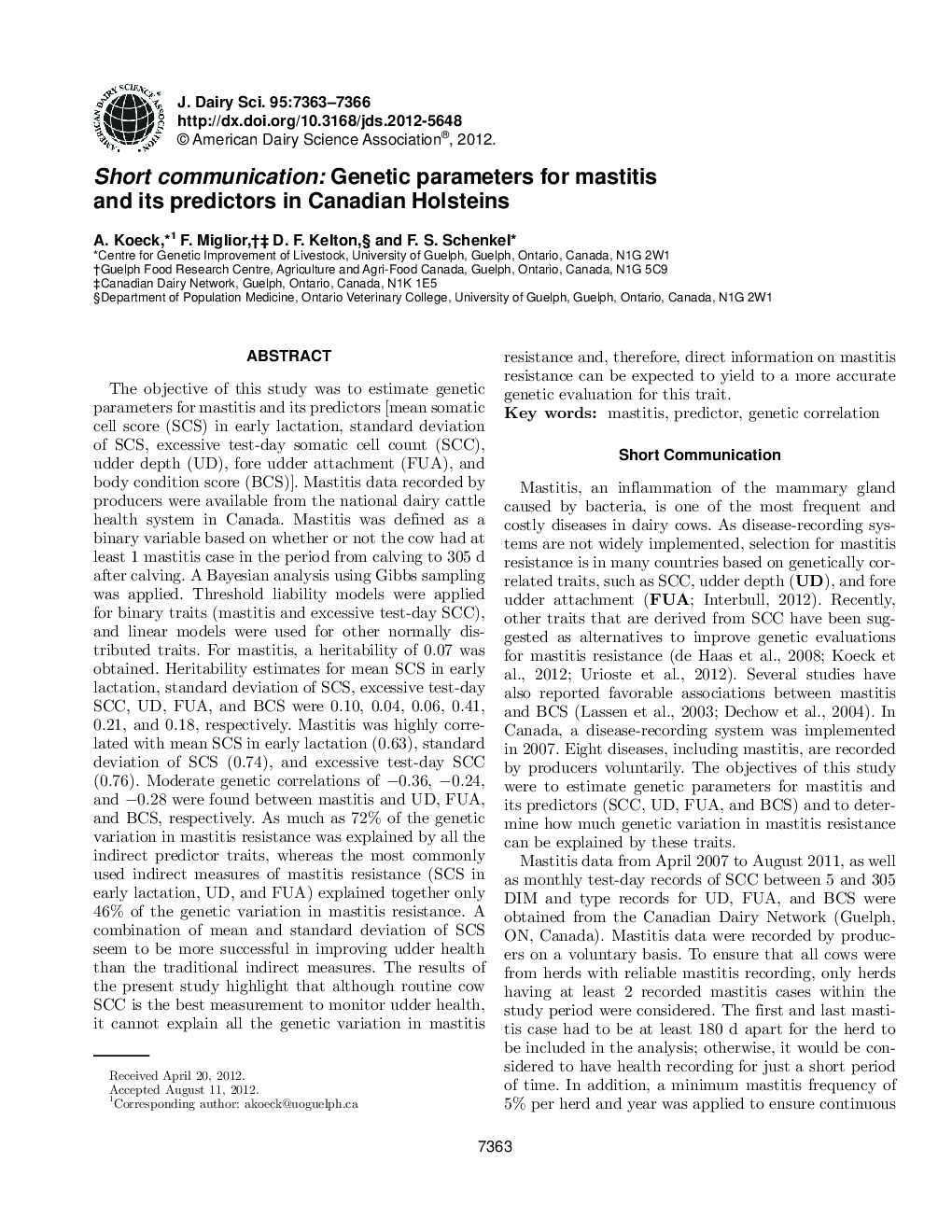 Short communication: Genetic parameters for mastitis and its predictors in Canadian Holsteins