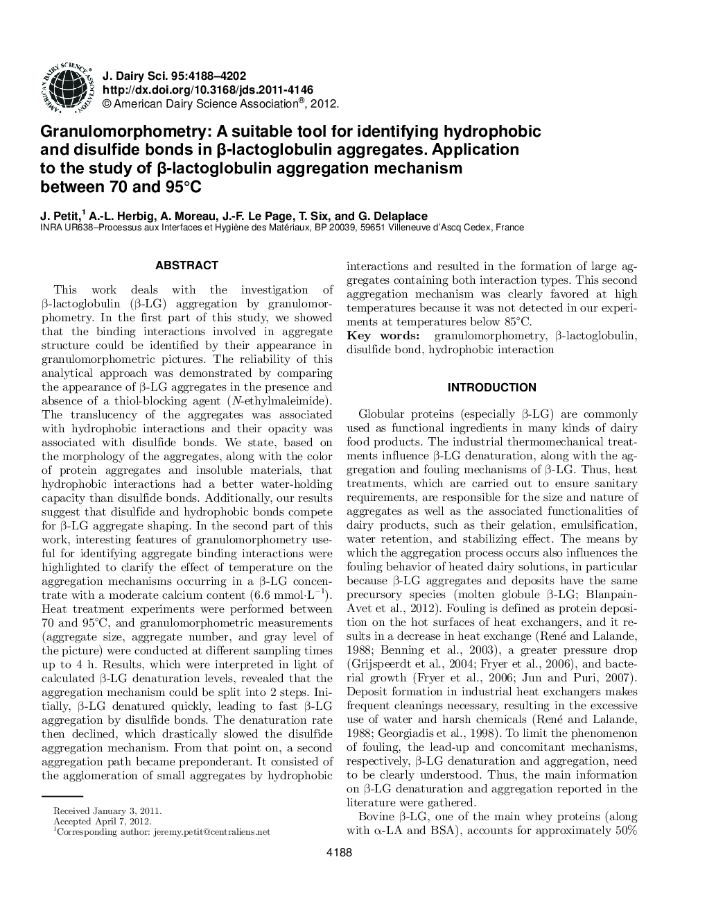 Granulomorphometry: A suitable tool for identifying hydrophobic and disulfide bonds in Î²-lactoglobulin aggregates. Application to the study of Î²-lactoglobulin aggregation mechanism between 70 and 95Â°C