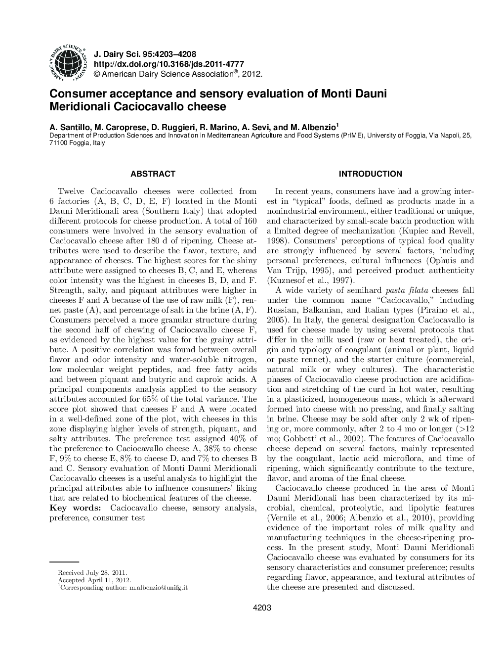 Consumer acceptance and sensory evaluation of Monti Dauni Meridionali Caciocavallo cheese