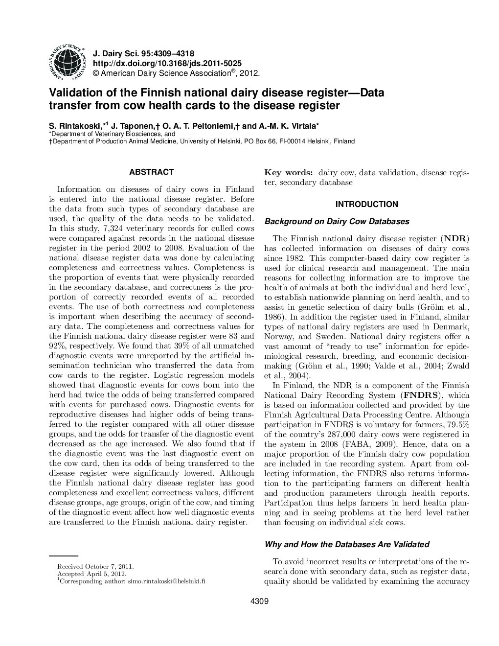 Validation of the Finnish national dairy disease register-Data transfer from cow health cards to the disease register