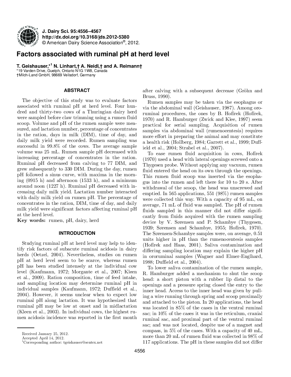 Factors associated with ruminal pH at herd level