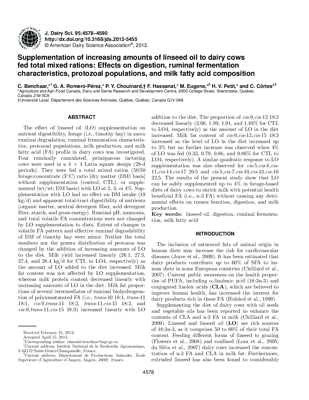 Supplementation of increasing amounts of linseed oil to dairy cows fed total mixed rations: Effects on digestion, ruminal fermentation characteristics, protozoal populations, and milk fatty acid composition