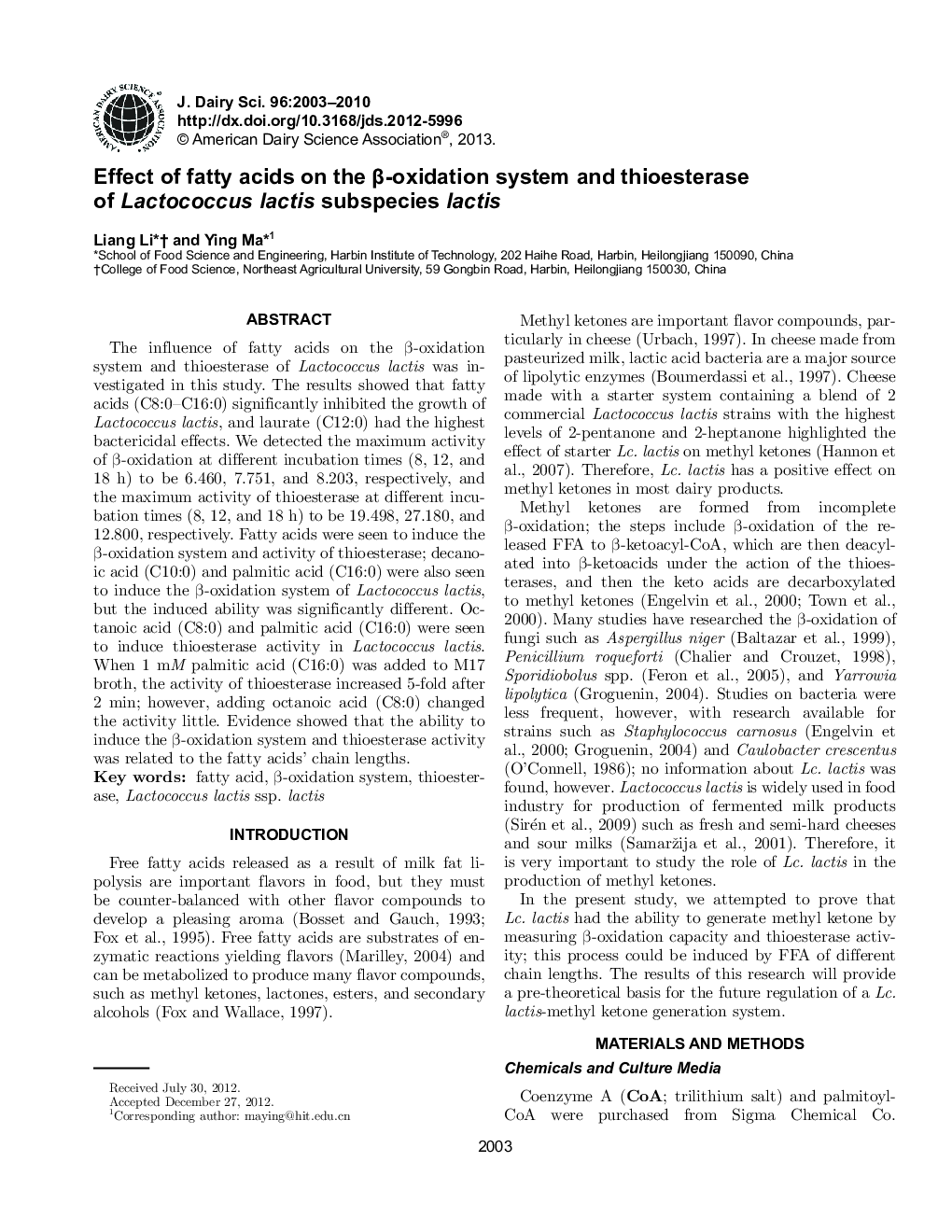 Effect of fatty acids on the Î²-oxidation system and thioesterase of Lactococcus lactis subspecies lactis