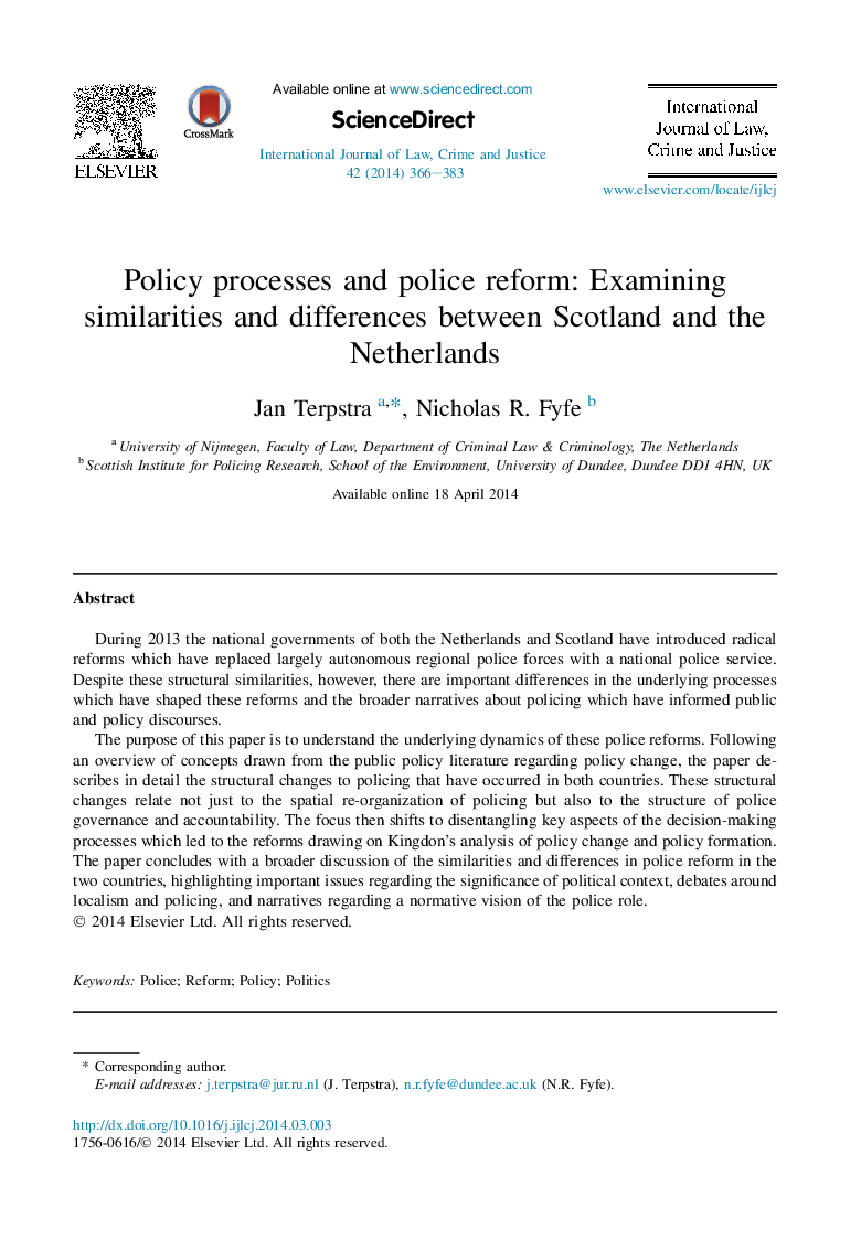 Policy processes and police reform: Examining similarities and differences between Scotland and the Netherlands