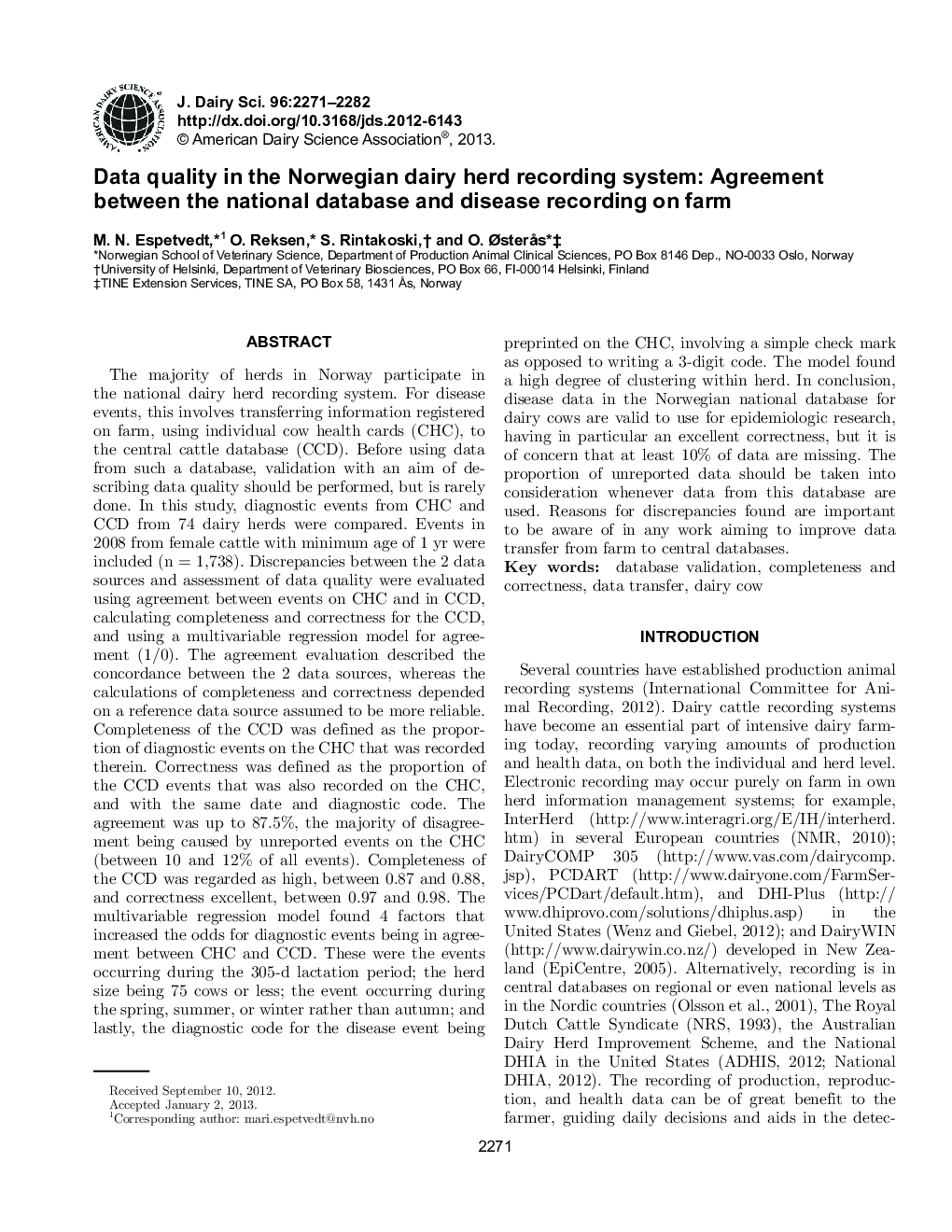 Data quality in the Norwegian dairy herd recording system: Agreement between the national database and disease recording on farm