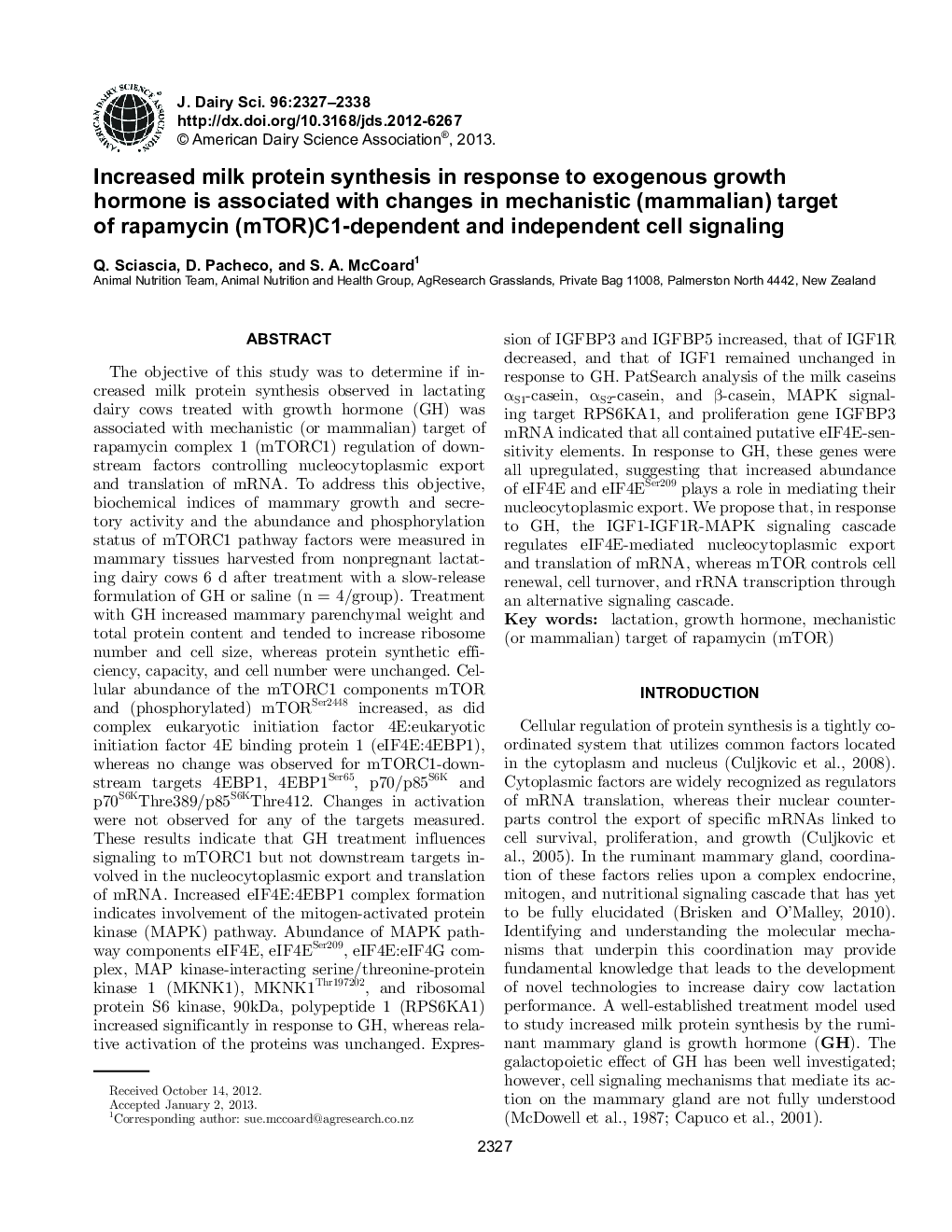 Increased milk protein synthesis in response to exogenous growth hormone is associated with changes in mechanistic (mammalian) target of rapamycin (mTOR)C1-dependent and independent cell signaling