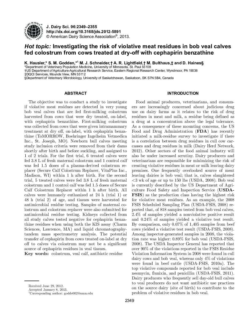 Hot topic: Investigating the risk of violative meat residues in bob veal calves fed colostrum from cows treated at dry-off with cephapirin benzathine