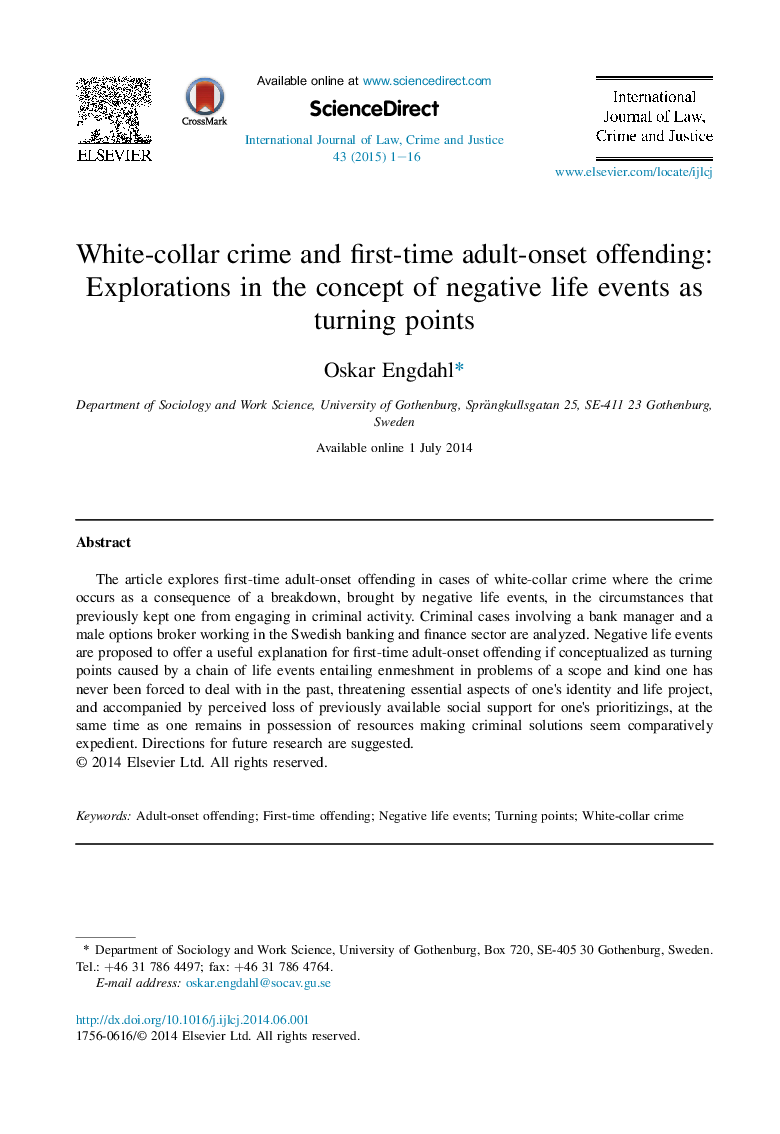 White-collar crime and first-time adult-onset offending: Explorations in the concept of negative life events as turning points