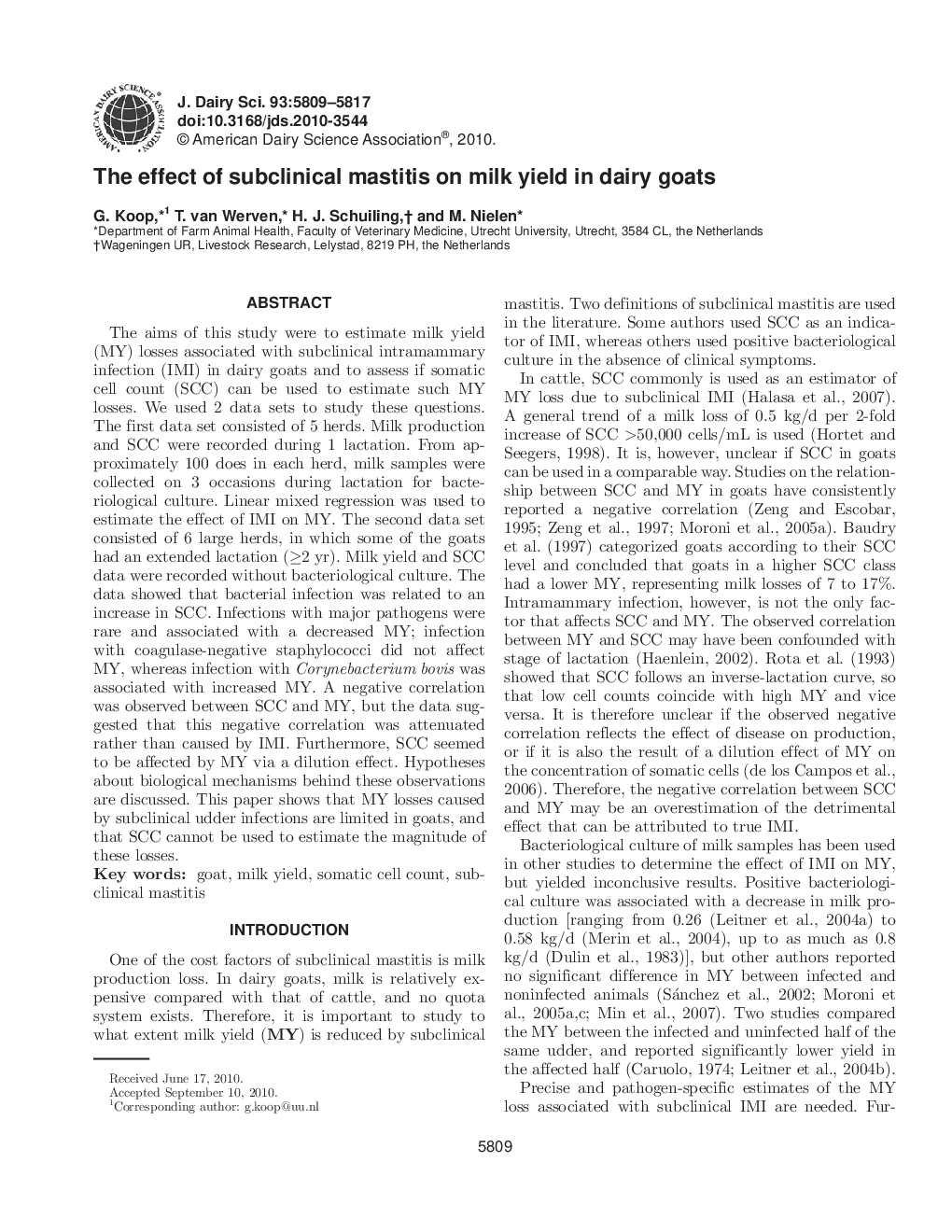 The effect of subclinical mastitis on milk yield in dairy goats