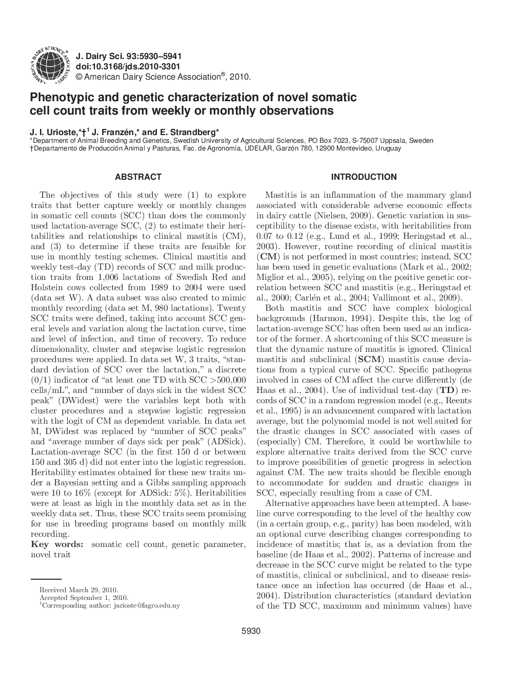 Phenotypic and genetic characterization of novel somatic cell count traits from weekly or monthly observations