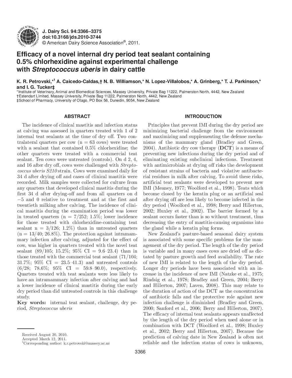 Efficacy of a novel internal dry period teat sealant containing 0.5% chlorhexidine against experimental challenge with Streptococcus uberis in dairy cattle