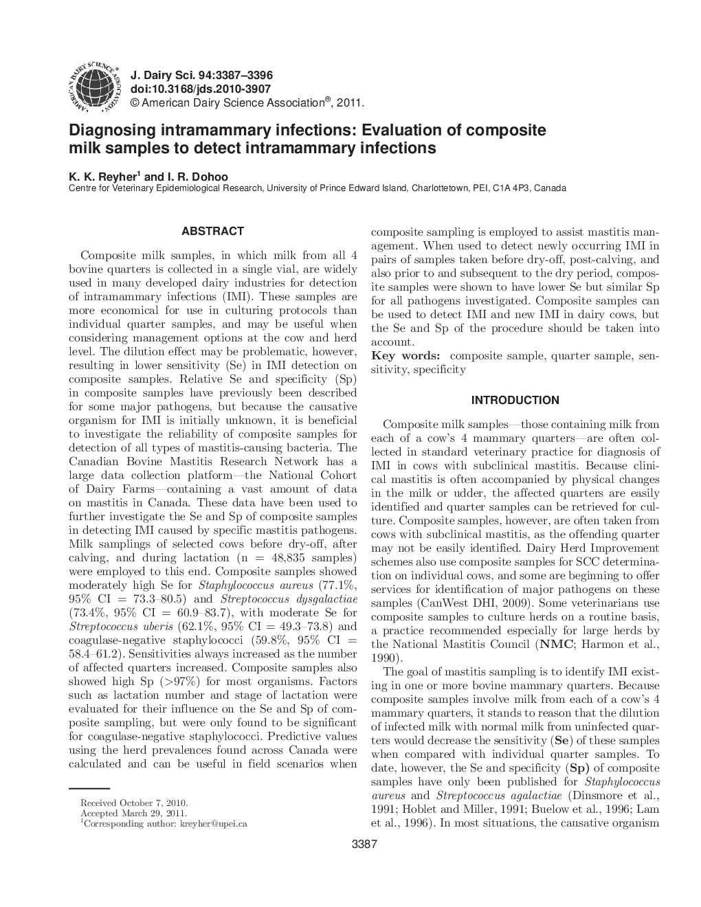 Diagnosing intramammary infections: Evaluation of composite milk samples to detect intramammary infections