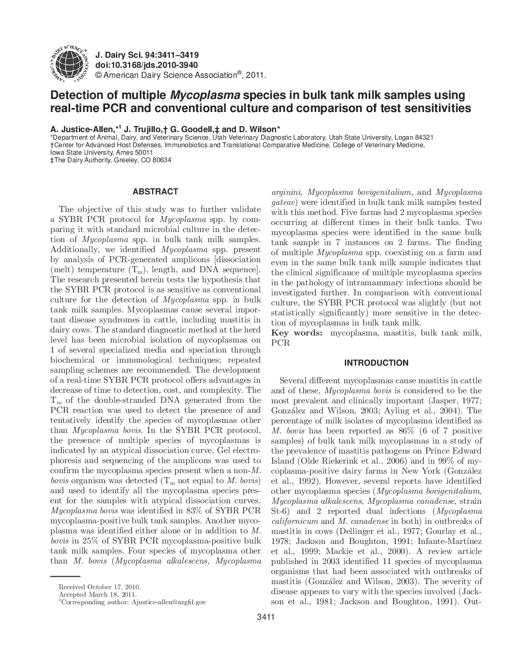 Detection of multiple Mycoplasma species in bulk tank milk samples using real-time PCR and conventional culture and comparison of test sensitivities