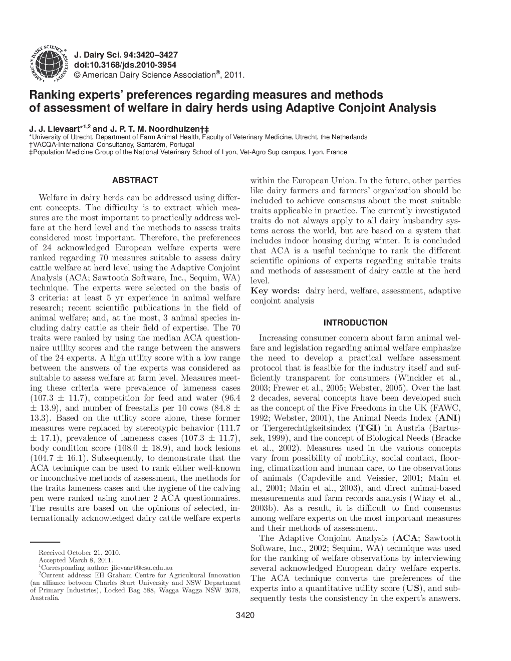 Ranking experts' preferences regarding measures and methods of assessment of welfare in dairy herds using Adaptive Conjoint Analysis