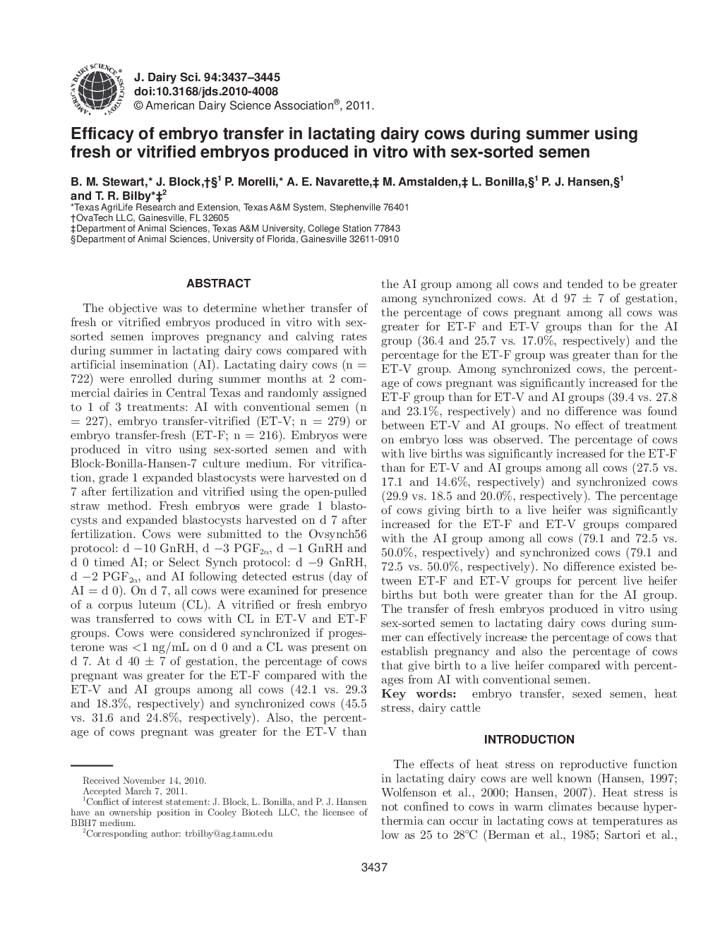 Efficacy of embryo transfer in lactating dairy cows during summer using fresh or vitrified embryos produced in vitro with sex-sorted semen