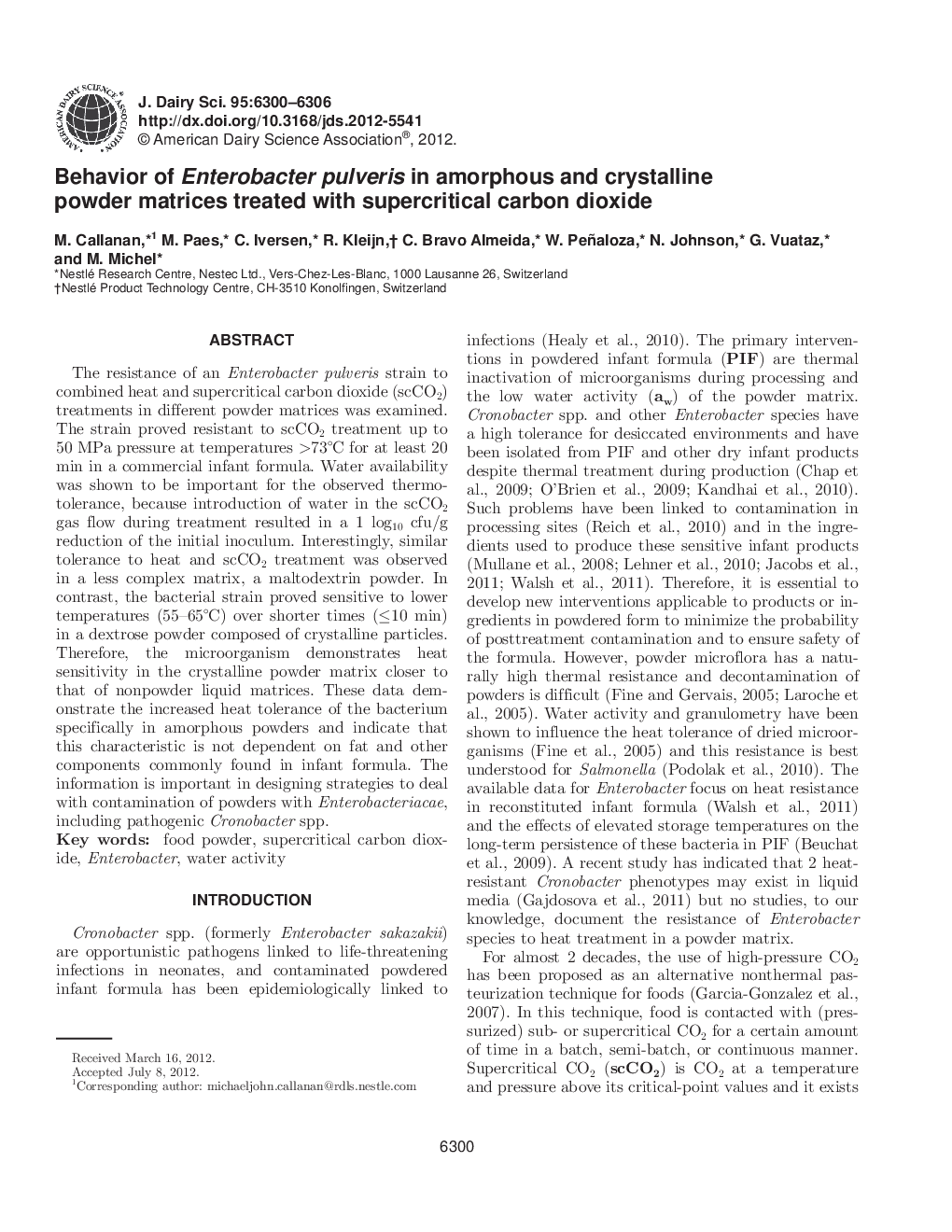 Behavior of Enterobacter pulveris in amorphous and crystalline powder matrices treated with supercritical carbon dioxide