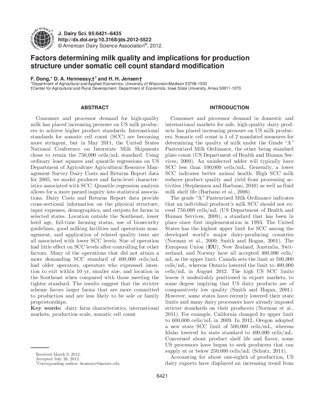 Factors determining milk quality and implications for production structure under somatic cell count standard modification