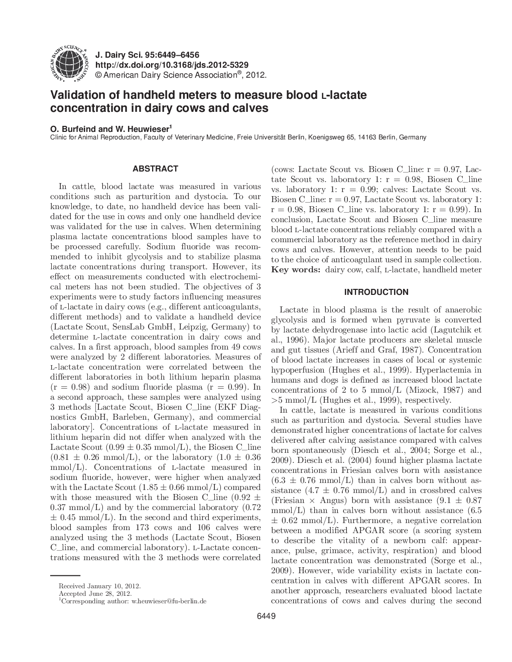 Validation of handheld meters to measure blood l-lactate concentration in dairy cows and calves