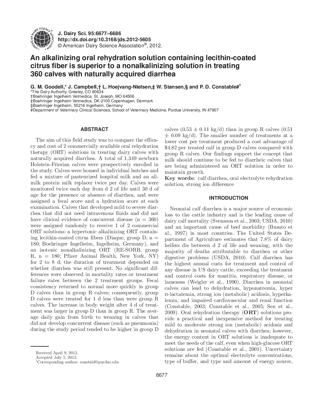 An alkalinizing oral rehydration solution containing lecithin-coated citrus fiber is superior to a nonalkalinizing solution in treating 360 calves with naturally acquired diarrhea