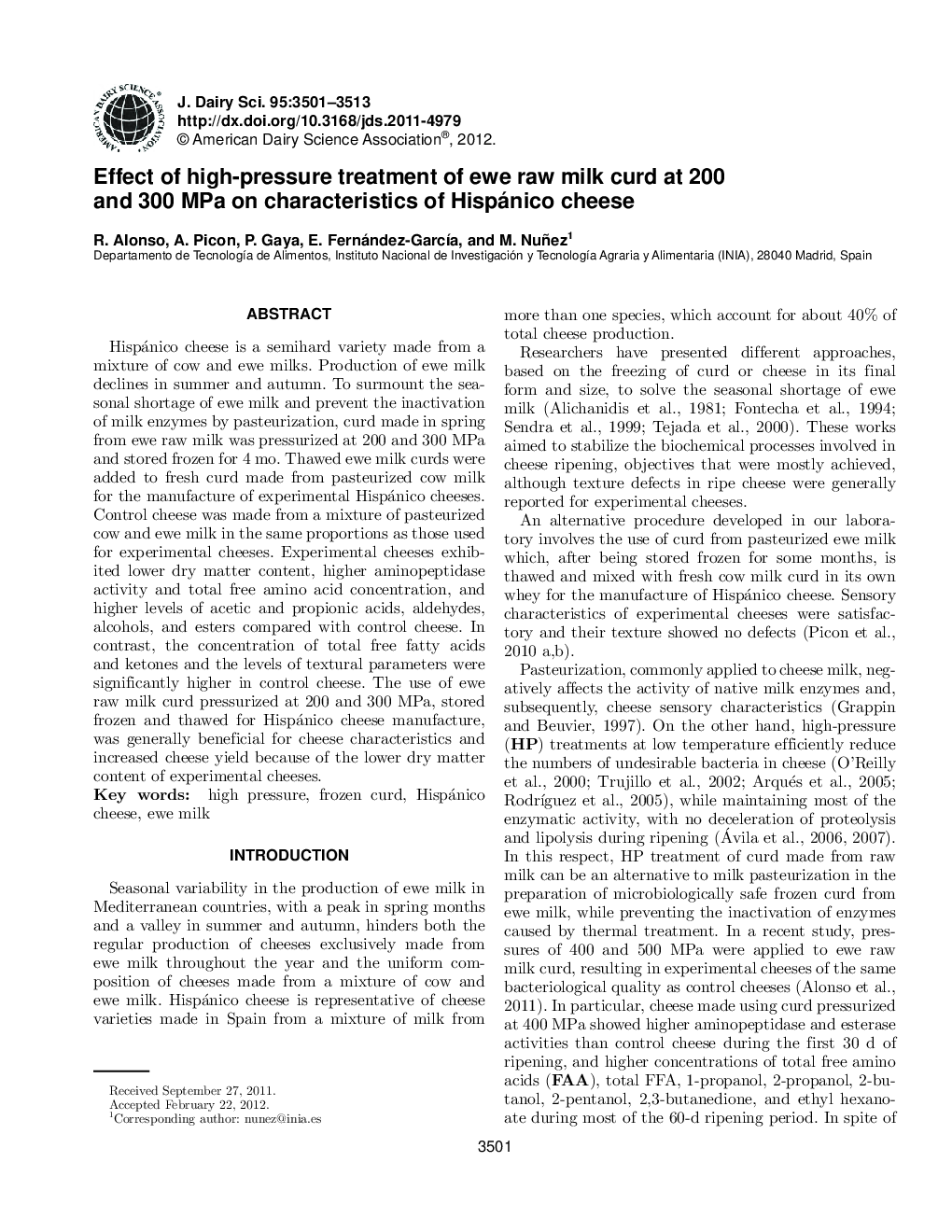 Effect of high-pressure treatment of ewe raw milk curd at 200 and 300 MPa on characteristics of Hispánico cheese