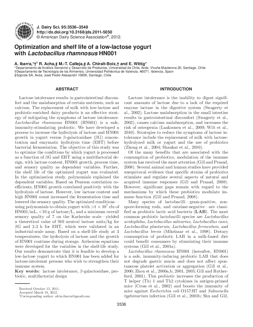 Optimization and shelf life of a low-lactose yogurt with Lactobacillus rhamnosus HN001