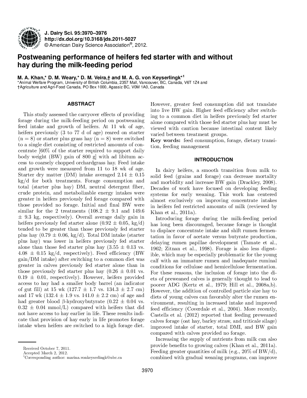 Postweaning performance of heifers fed starter with and without hay during the milk-feeding period