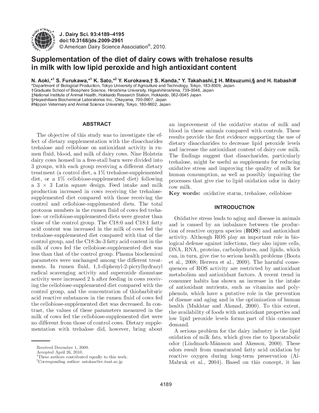 Supplementation of the diet of dairy cows with trehalose results in milk with low lipid peroxide and high antioxidant content