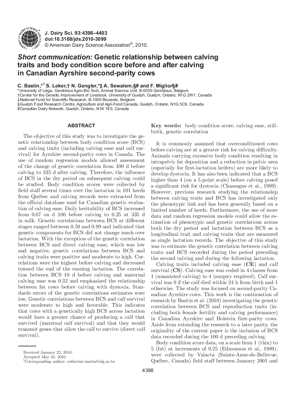 Short communication: Genetic relationship between calving traits and body condition score before and after calving in Canadian Ayrshire second-parity cows