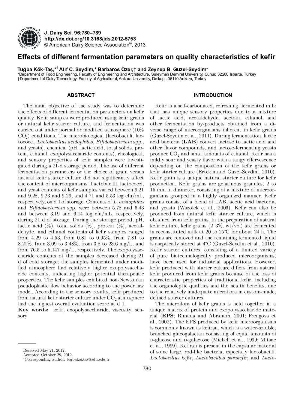 Effects of different fermentation parameters on quality characteristics of kefir