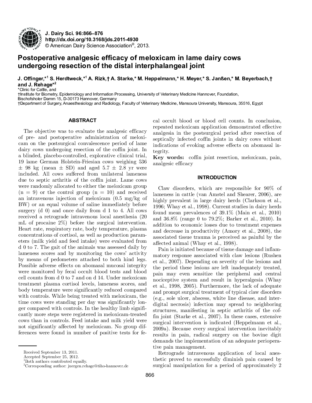 Postoperative analgesic efficacy of meloxicam in lame dairy cows undergoing resection of the distal interphalangeal joint