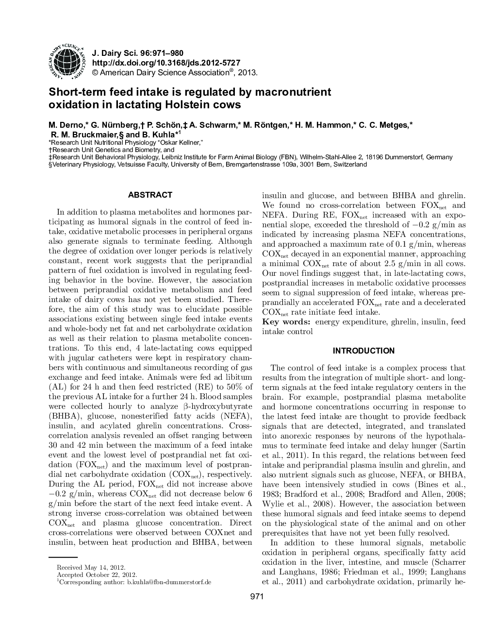 Short-term feed intake is regulated by macronutrient oxidation in lactating Holstein cows