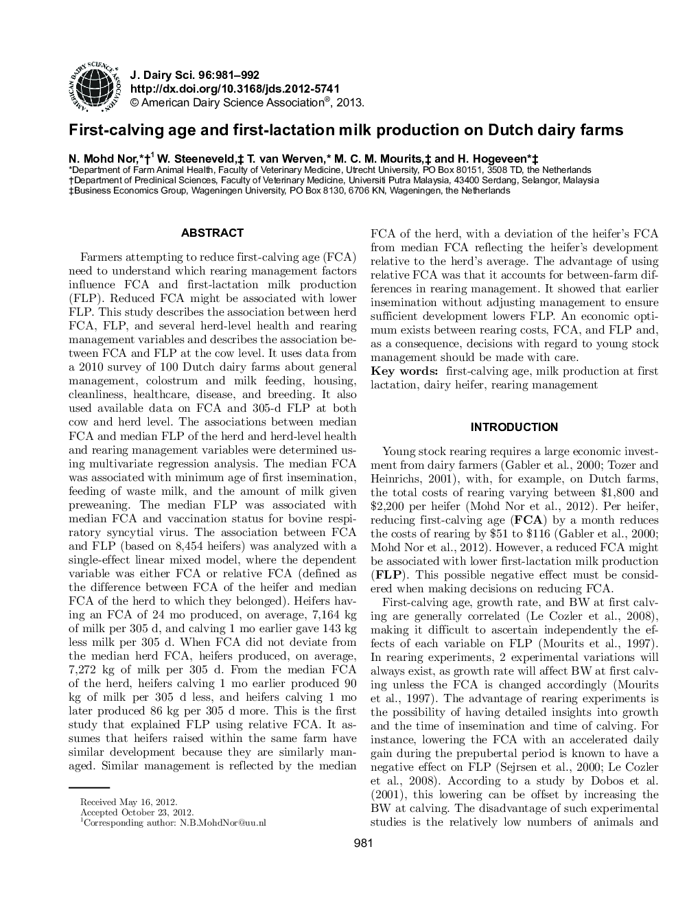 First-calving age and first-lactation milk production on Dutch dairy farms