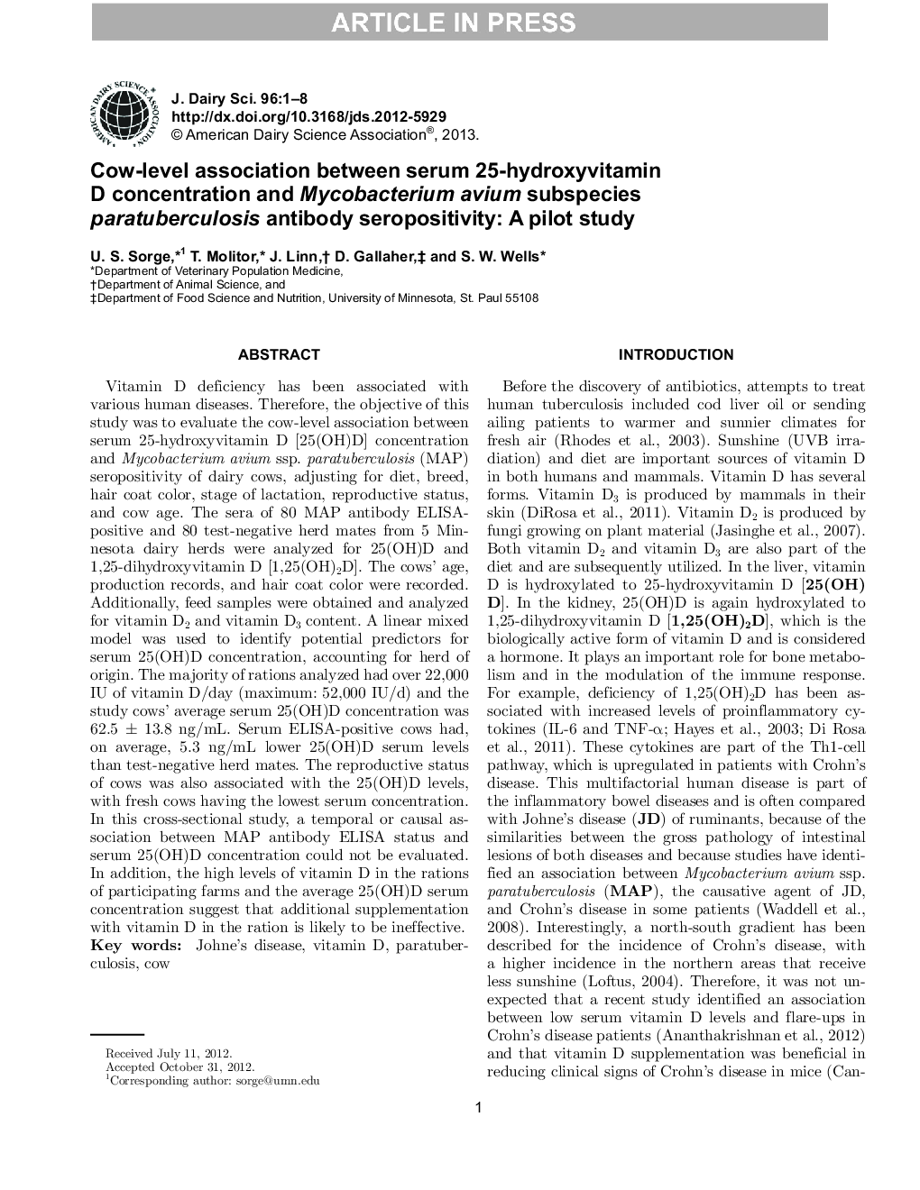 Cow-level association between serum 25-hydroxyvitamin D concentration and Mycobacterium avium subspecies paratuberculosis antibody seropositivity: A pilot study