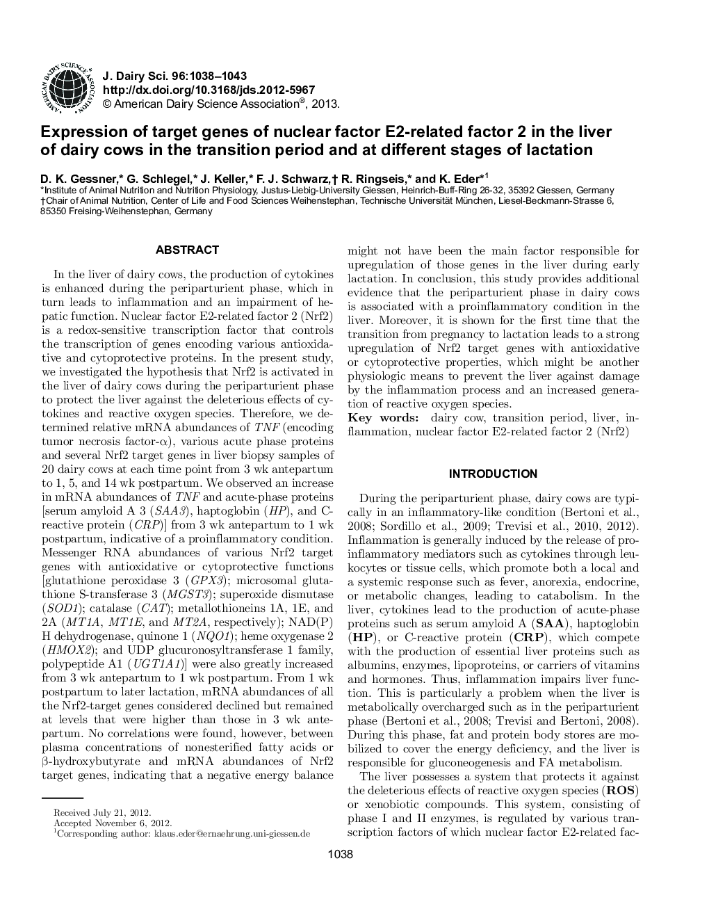 Expression of target genes of nuclear factor E2-related factor 2 in the liver of dairy cows in the transition period and at different stages of lactation