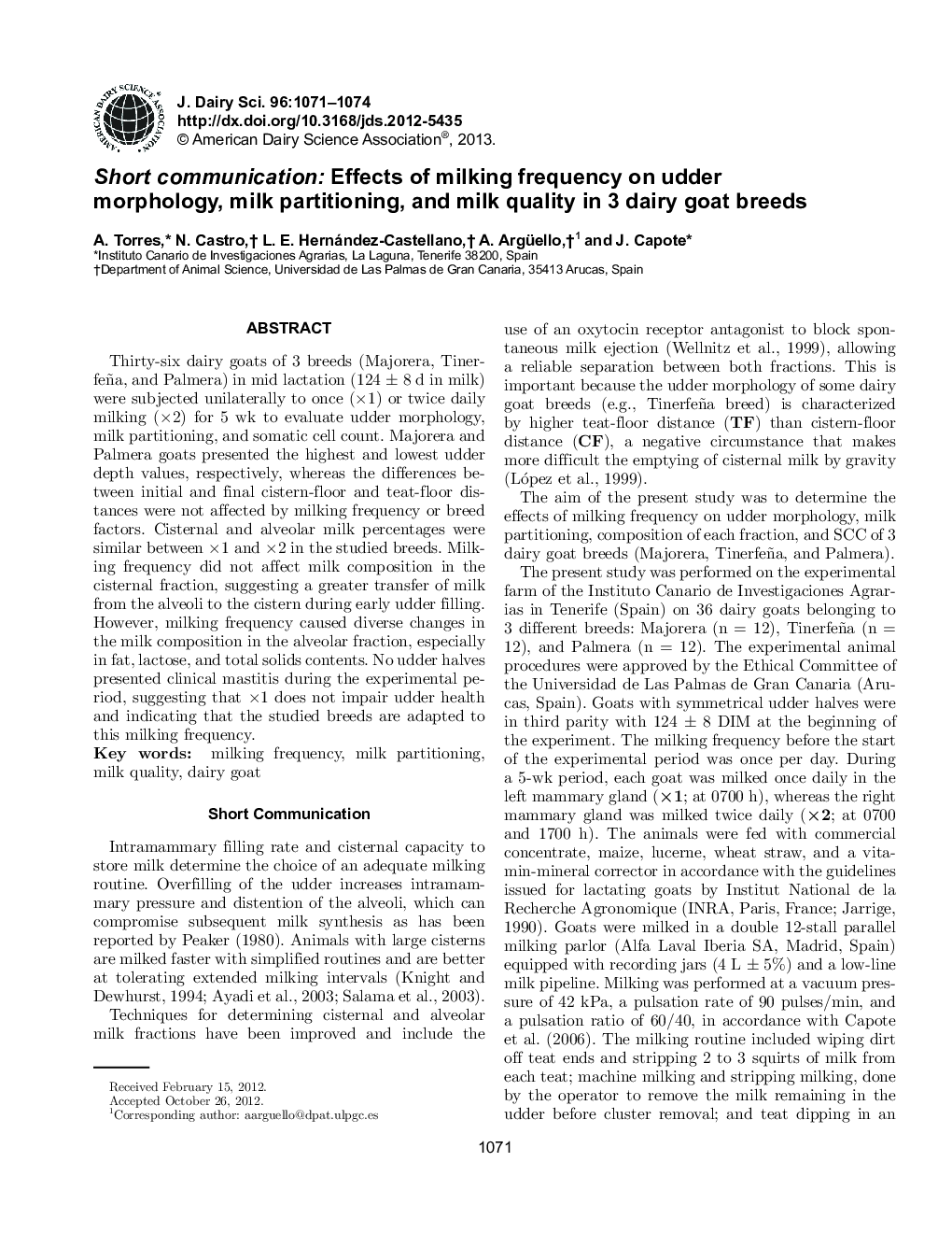 Short communication: Effects of milking frequency on udder morphology, milk partitioning, and milk quality in 3 dairy goat breeds