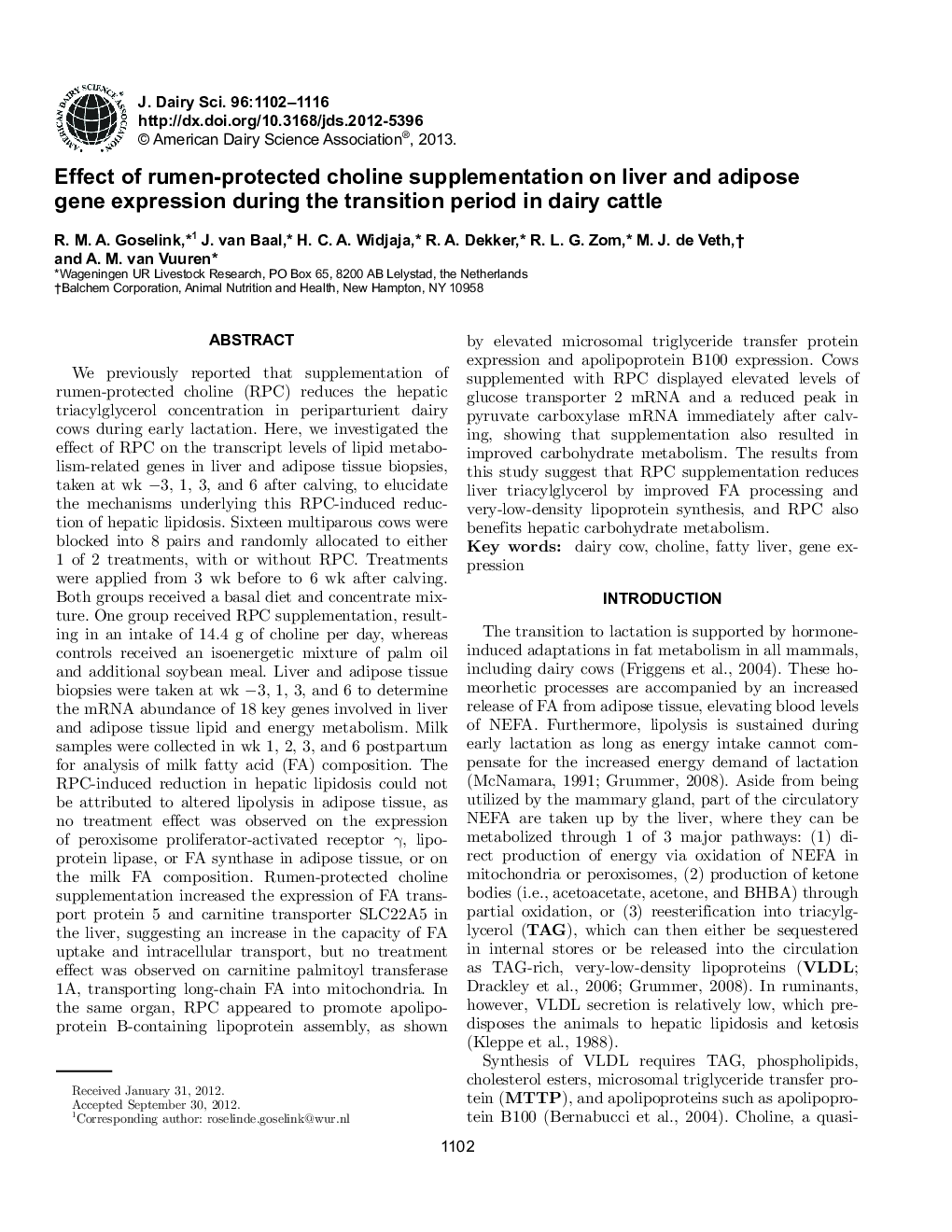 Effect of rumen-protected choline supplementation on liver and adipose gene expression during the transition period in dairy cattle